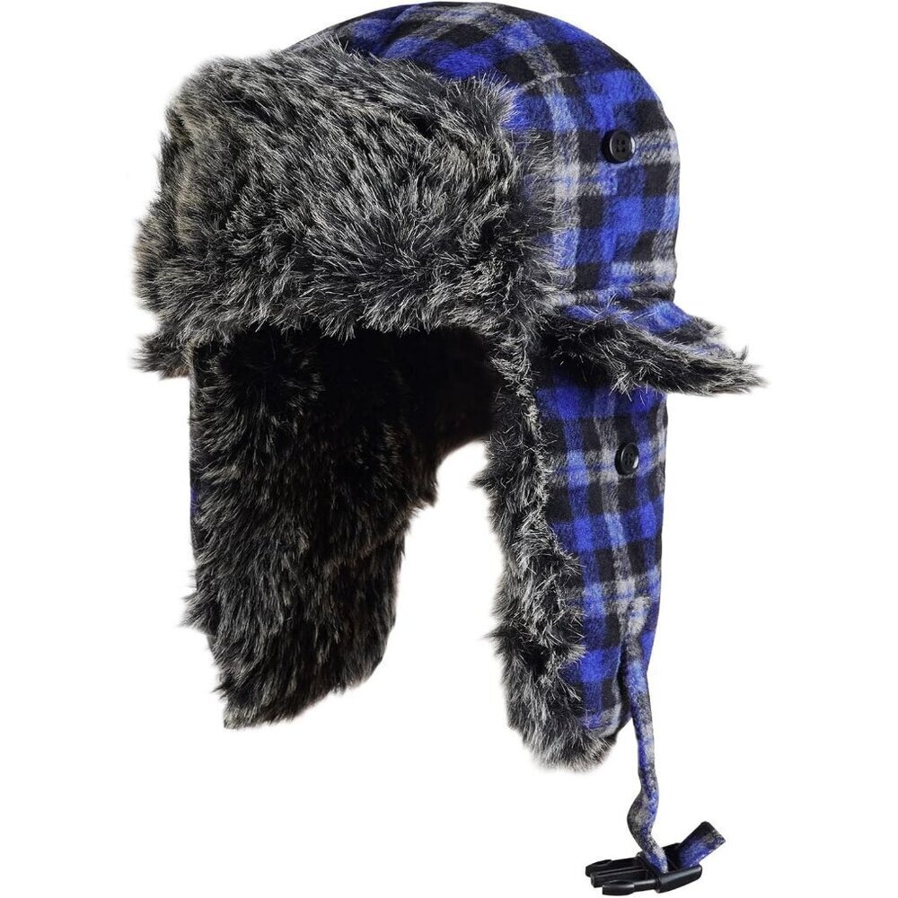 Men Blue ONWAY Faux Fur Trapper Hat Cozy Winter Ear Flaps Hat